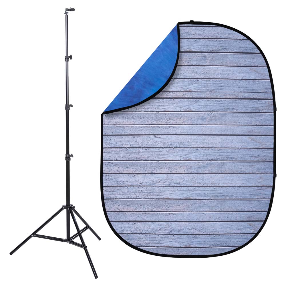 Studio Essentials Gray Pine / Blue Muslin Pop-Up Reversible Background Kit photo