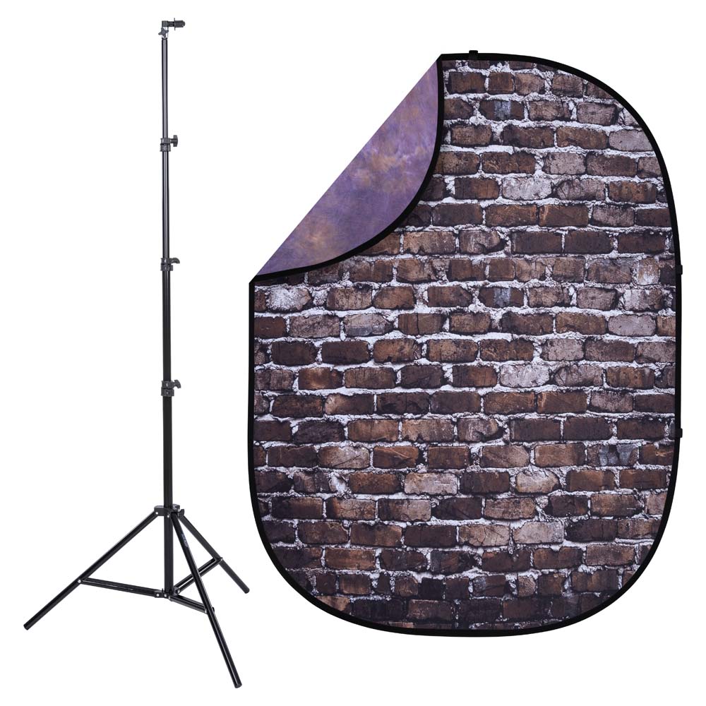 Studio Essentials Back-Alley Brick / Purple Muslin Pop-Up Reversible Background Kit photo