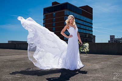 Windy rooftop bridal shot